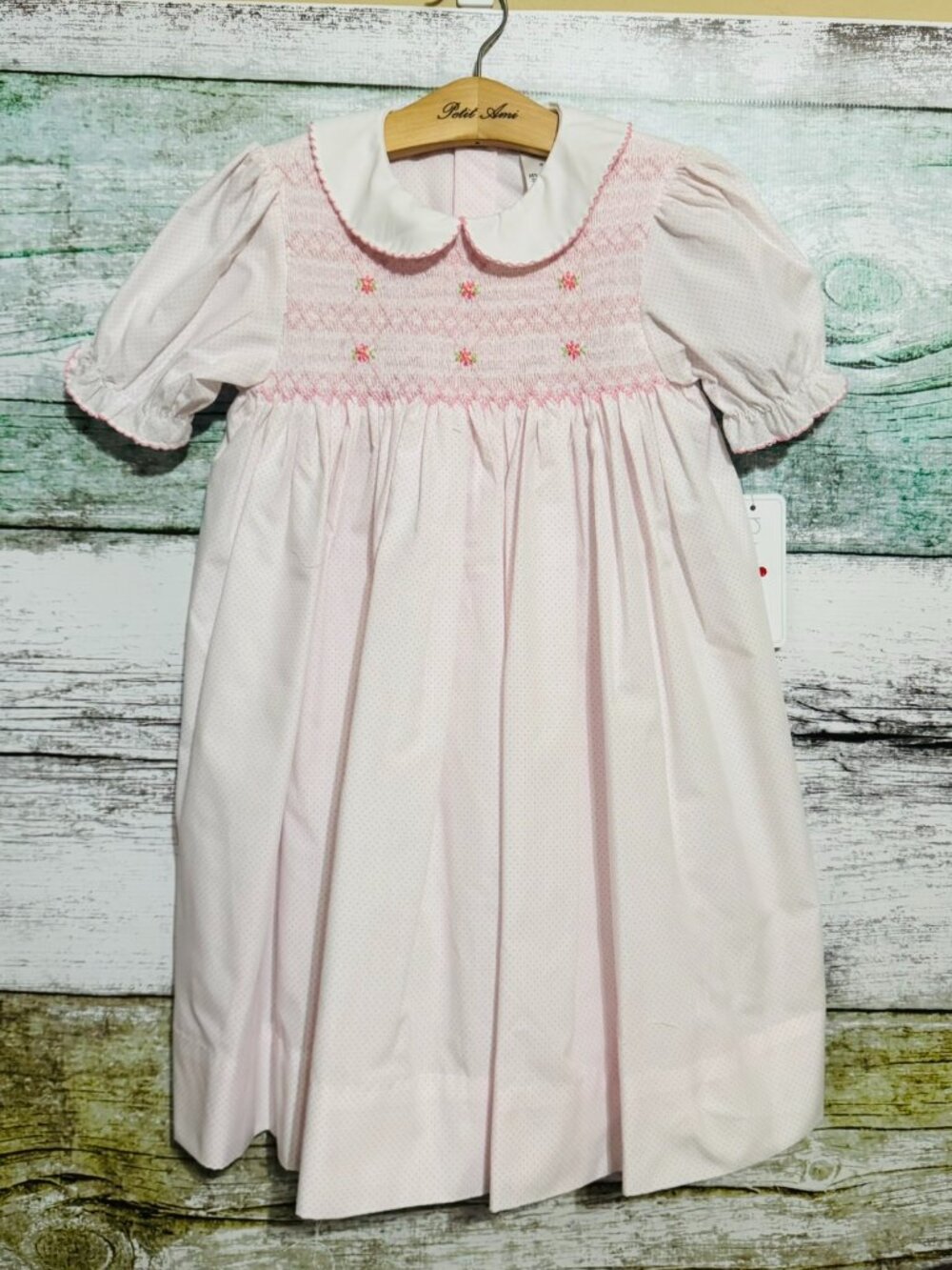 Petit Ami Pink Dot Smocked Flower Embroidered Dress 4T